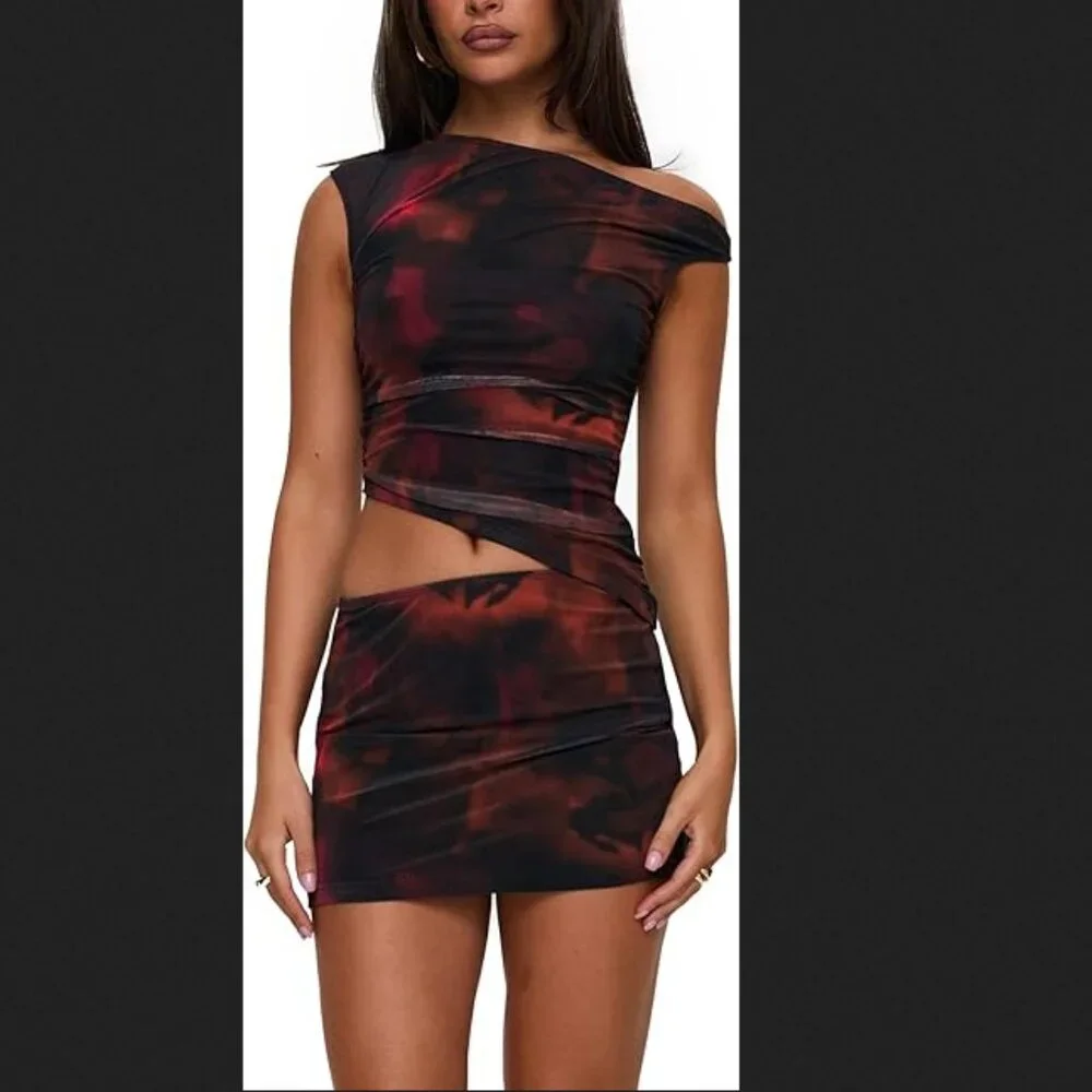Princess Polly Women's Maribella Two-piece Top And Skirt Set Size 12 Black Red